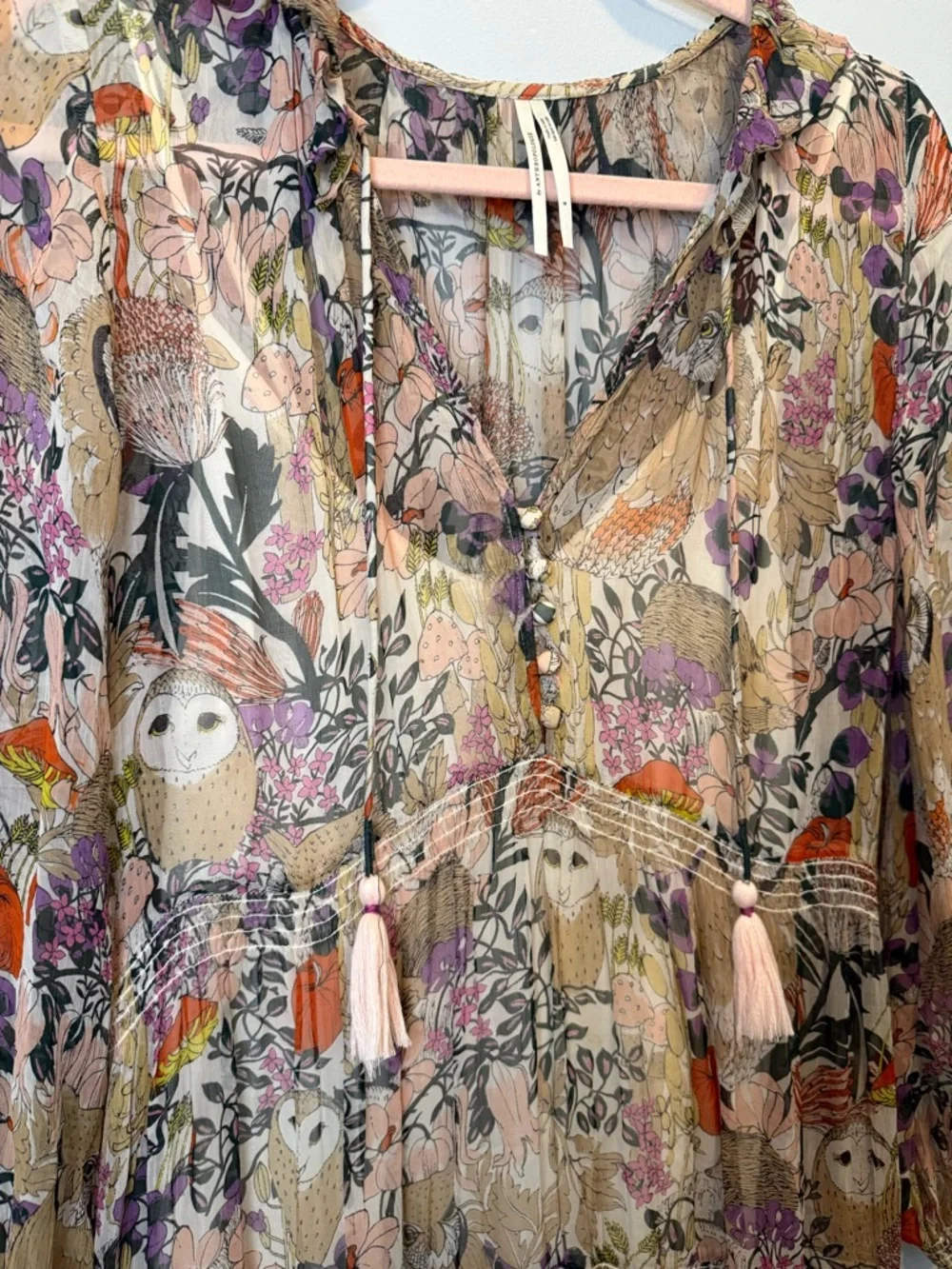 Anthropologie Marais Woodland Owl Floral Tiered Maxi Dress Small Boho - Picture 4 of 9